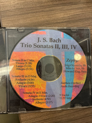 J. S. Bach’s Trio Sonatas II, III, IV performed by Zephyr:  Jorge Montilla (Bb clarinet), Min-ho Yeh (Bb clarinet) and Howard Klug (Bass) - 9 tracks