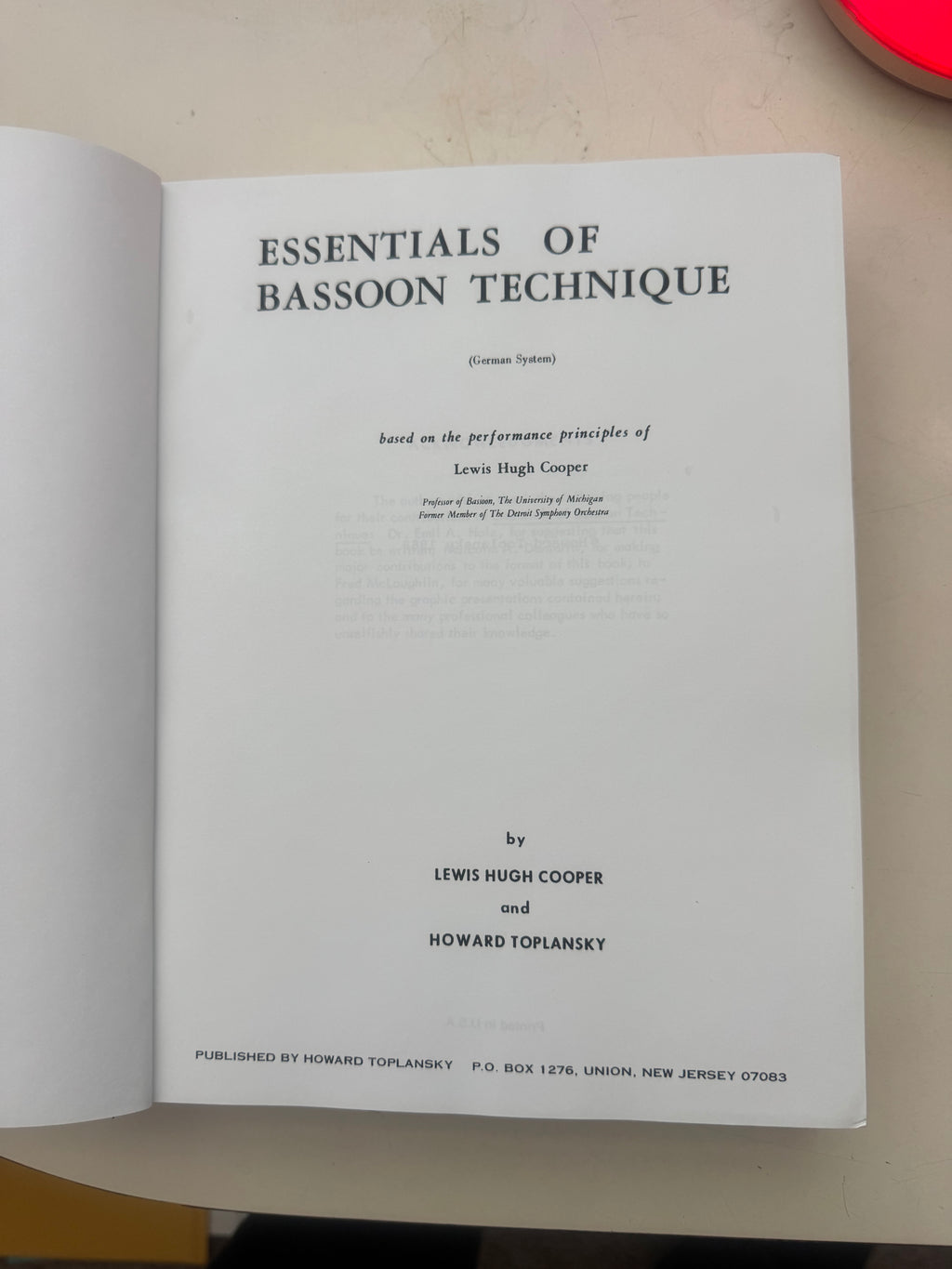 Essentials of Bassoon Technique by Lewis Hugh Cooper and Howard Polansky; hardcover