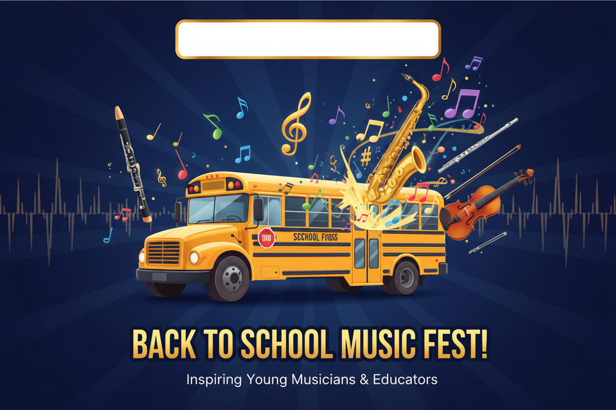 Musical notes bursting out of a yellow school bus - Back to School Bundles at Music Masters
